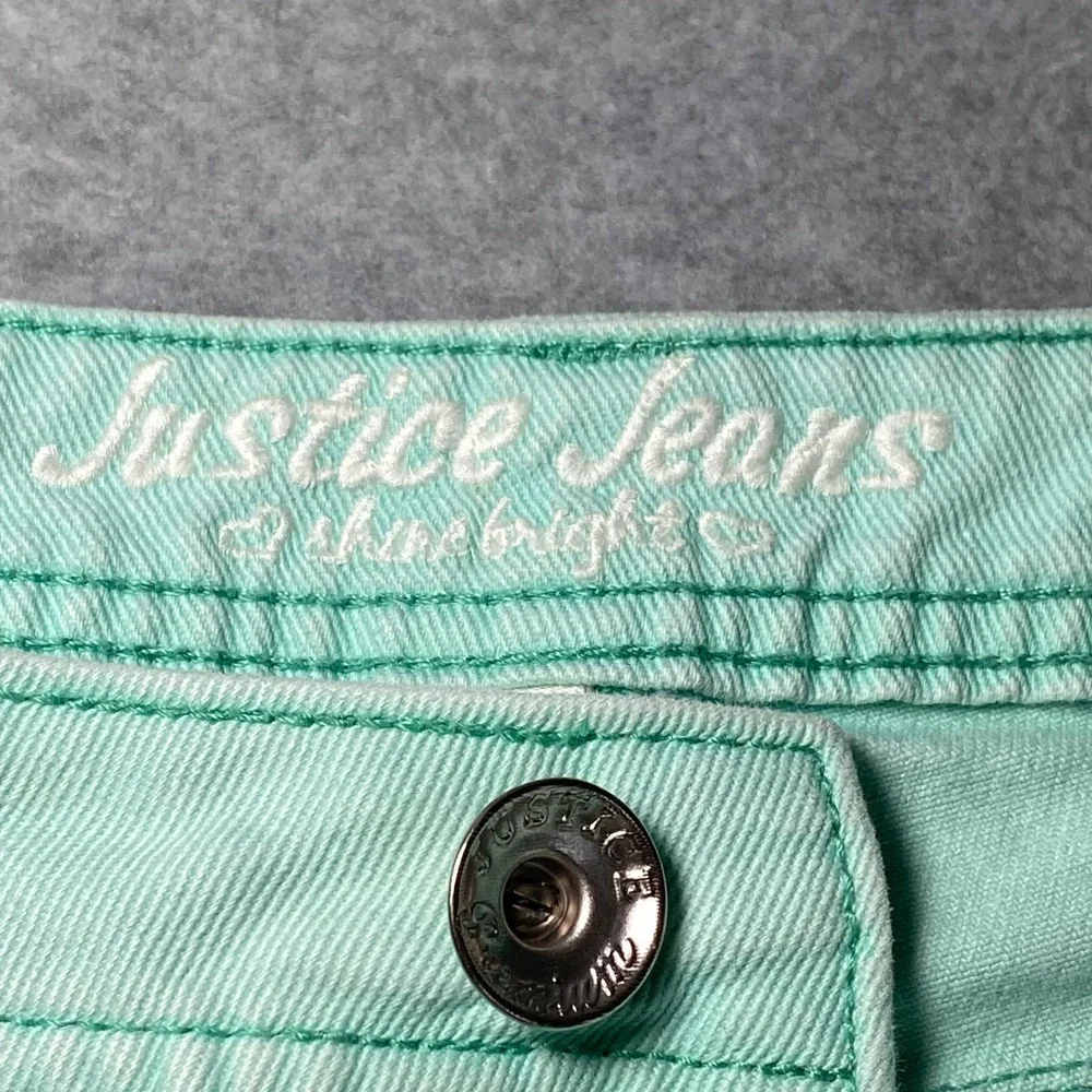 Justice Denim Shorts Kids Girls 12.5 Mint Green Frayed Raw Hem Low Rise EUC